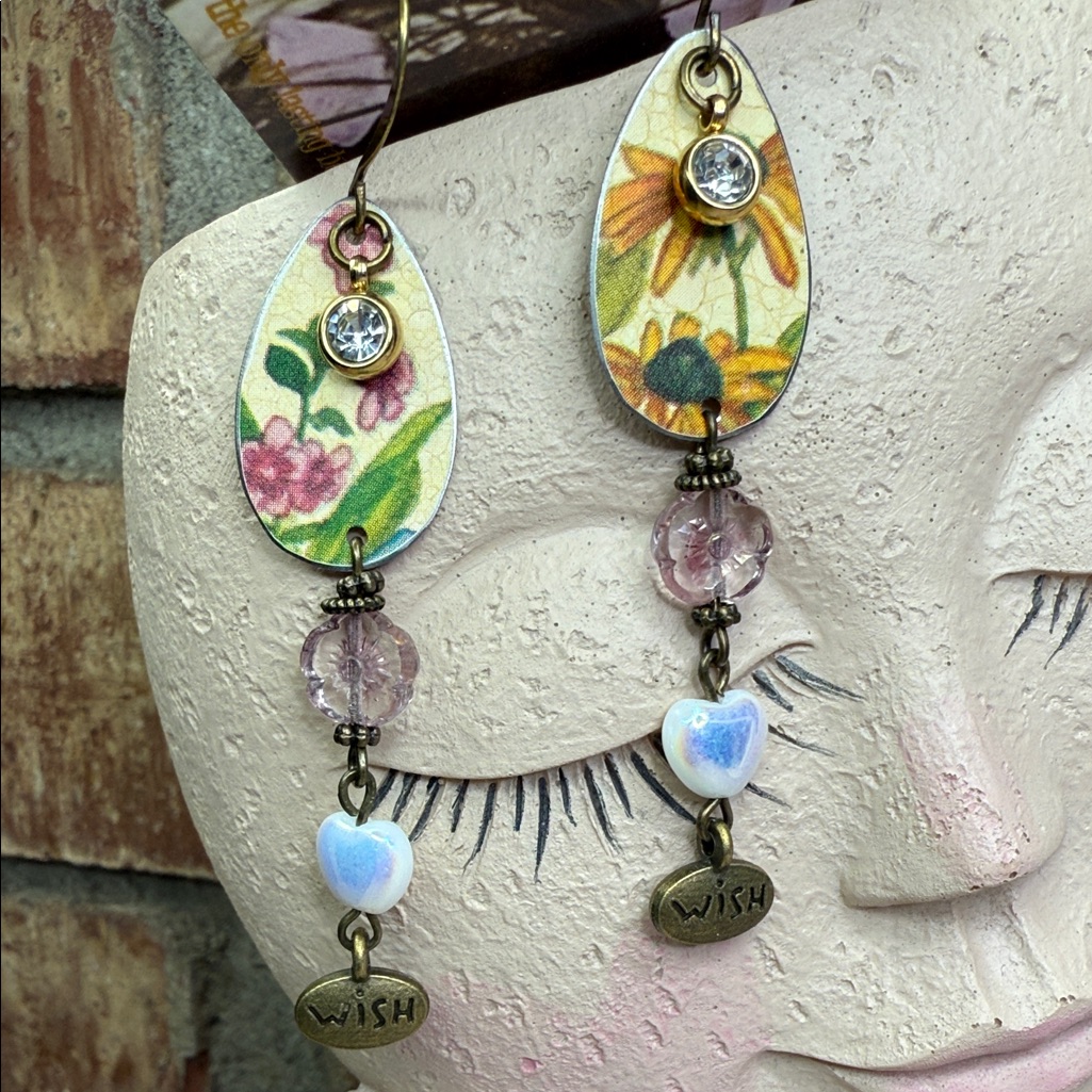 Wish, Vintage Tin Floral Earrings With Glass Heart Accents